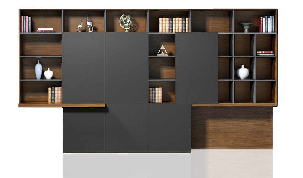 ‘Aulenti’ 13 Ft Display Cabinet In Walnut Veneer & Leather