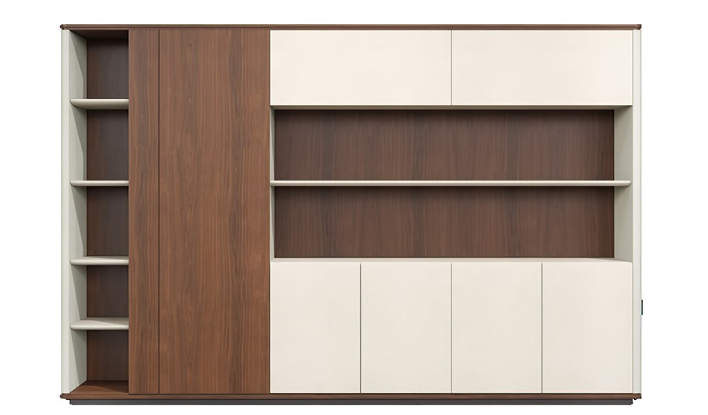 ‘Rodolfo’ 9.5 Feet Office Cabinet In Walnut & Leather